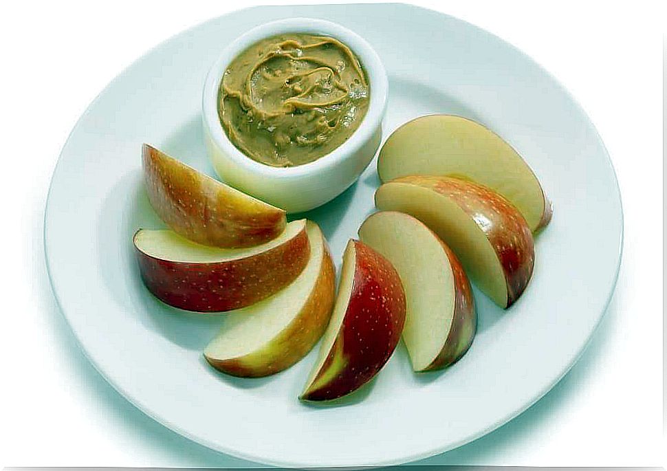 Apple and peanut butter snack.