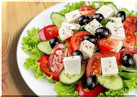 Greek salad with feta cheese. 